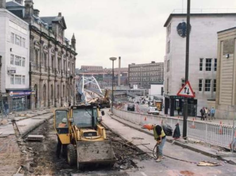 Construction of the Fitzalan Square/Ponds Forge Supertram stop, at Commercial Street, in August 1993
