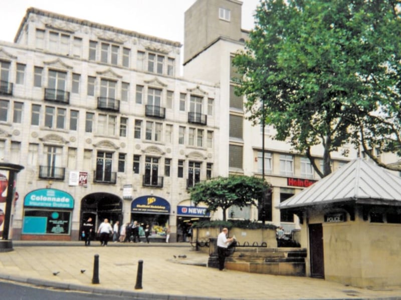 Fitzalan Square, Sheffield, in July 2004, showing Colonnade Insurance Brokers, Tag's Sheffield Model Shop, and GT NewsPicture Sheffield/Jean Moulson