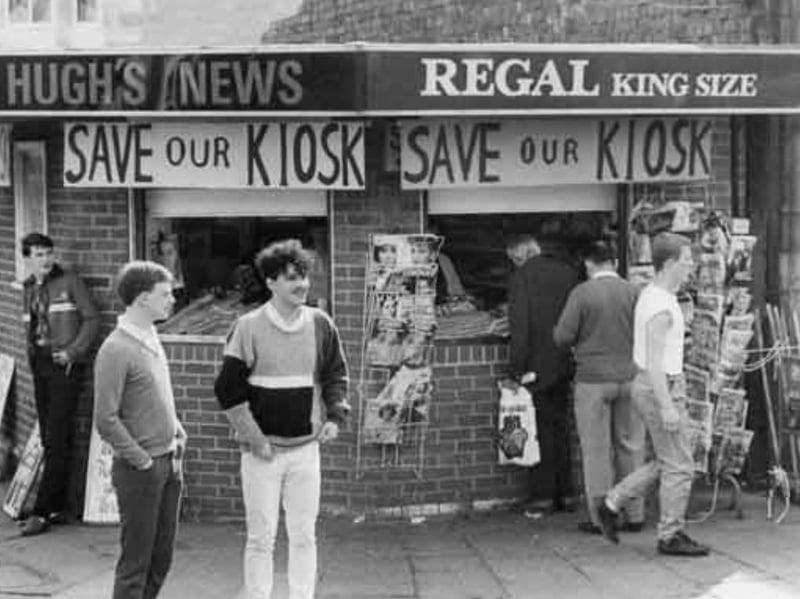 Hugh's News kiosk on Fitzalan Square, Sheffield city centre, in April 1984
