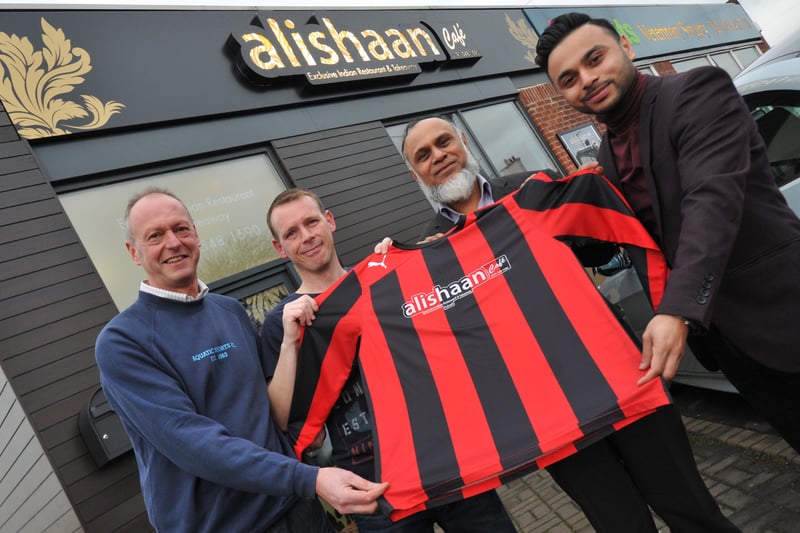 Kevin Wilson and David Hoey from Aquatic Sports were pictured with the new strip being sponsored by Syed Amir Ali and Syed Jay Islam from Alishaan Cafe.