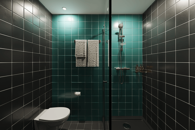A bathroom at The Social Hub, the shower has an innovative method of showing you just how much water you're using per shower and it's possible environmental impact.