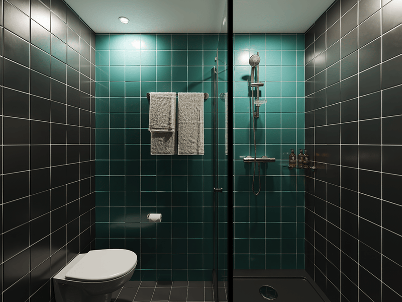 A bathroom at The Social Hub, the shower has an innovative method of showing you just how much water you're using per shower and it's possible environmental impact.