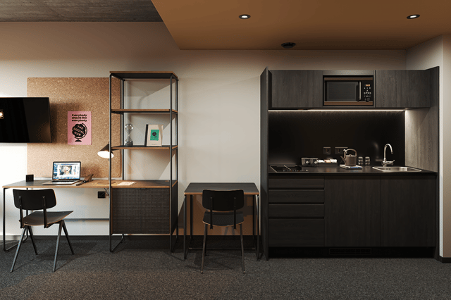 An extended stay suit at The Social Hub - complete with a microwave, kettle, and a hot plate, what more could you ever need?