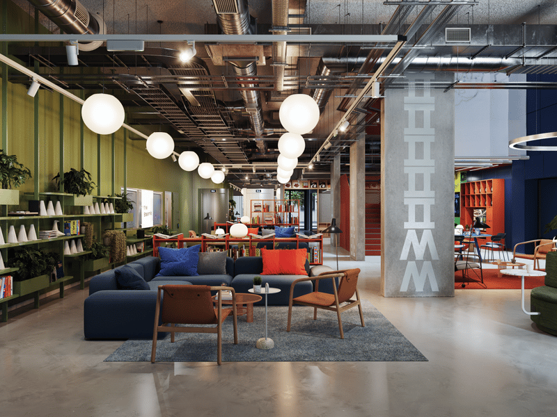 A view down the lobby of The Social Hub - it is large, open, and airy - flowing from one section of the hybrid-hotel to another seamlessly.