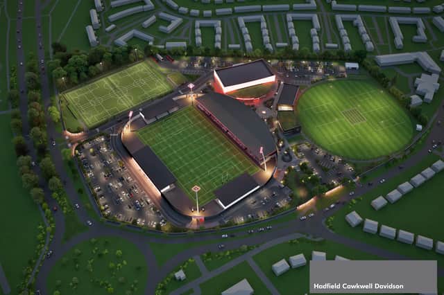 CGIs of the proposed new stadium for Sheffield FC and Sheffield Eagles provided by project architect Hadfield Cawkwell Davidson.
