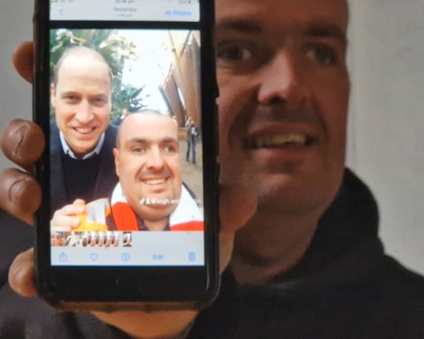 Sheffield royal family fan Leigh Stinchcombe and his selfie with Prince William he took on March 19 on a visit to the Steel City.