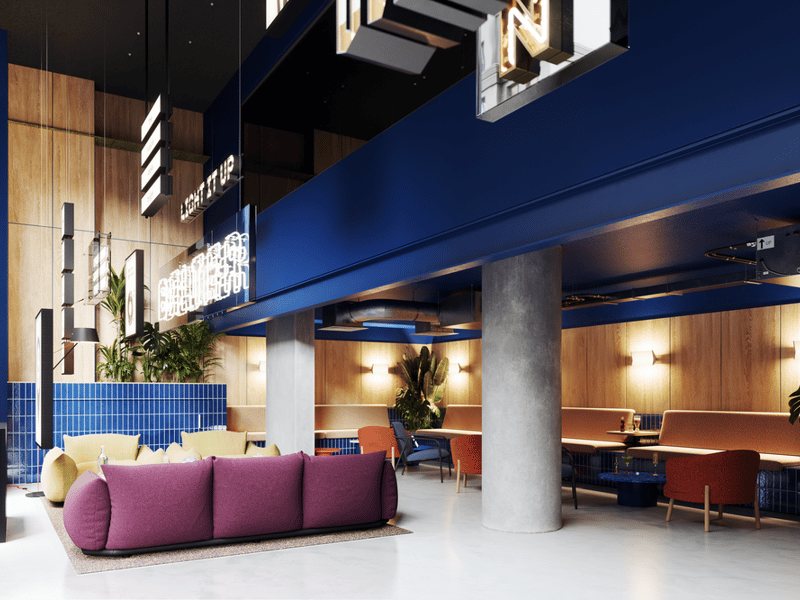A view of the lobby at The Social Hub
