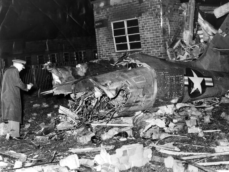 The remains of a USAF Thunderstreak jet which crashed into Lodge Moor Hospital on December 10, 1955