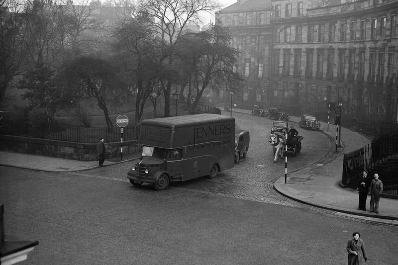 A Jenners lorry turns out of Randolph Crescent, Edinburgh, in 1956, followed by a horse-drawn cart.