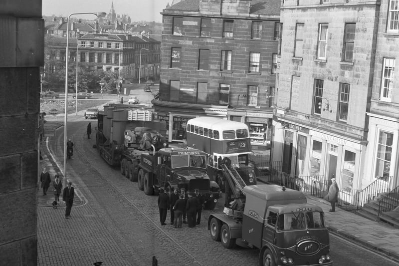 A Pickfords lorry transporting plant from Parsons Peebles Ltd holds up traffic at the junction of St Stephen Street and North West Circus Place in Stockbridge in October 1967.