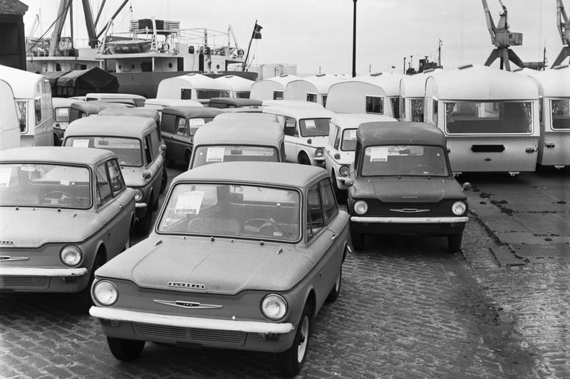 Hillman Imps and caravans ready to be loaded onto the MV Magnolia at Leith docks for export to Denmark in April 1966