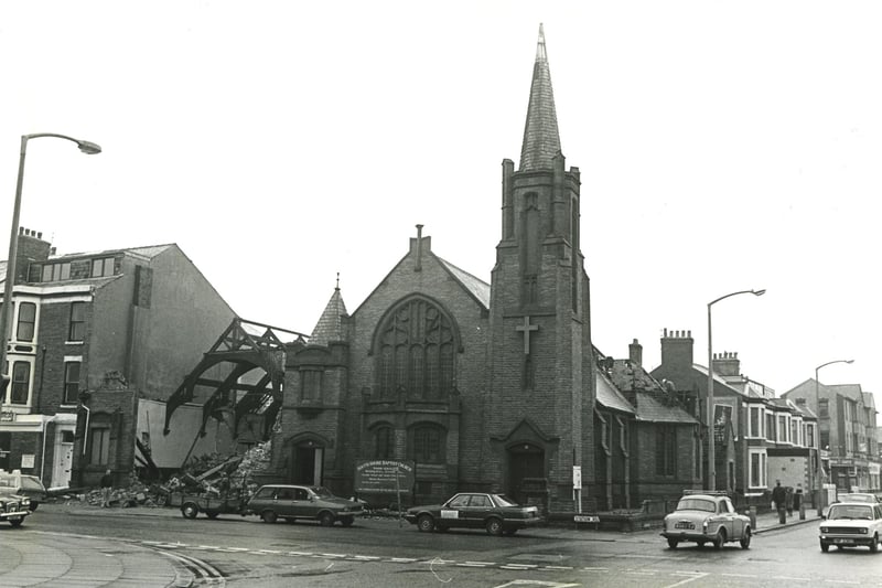 Built in 1909, the demolition of South Shore Baptist Church at the junction of Station Road and Bond Street was in progress when this photograph taken in January 1984. Today this site is a car park