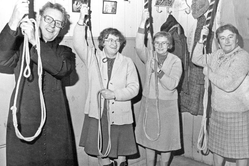 Still ringing after 35 years were Vicar of St Hilda's, the Rev Jim Vincent and the three Softley sisters who began a family tradition of bell ringing. Left to right are: Enid, Kath and Brenda.