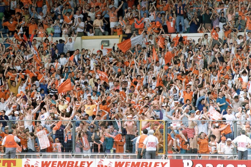 Joyous scenes at the old Wembley as the Blackpool fans celebrate their side's penalty shoot-out win against Scunthorpe in the 1992 Division Four play-off final