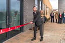 Lord Mayor of Sheffield Councilor Colin Ross cuts the ribbon at the new Sixth Form building at King Ecgbert School, Dore, Sheffield.