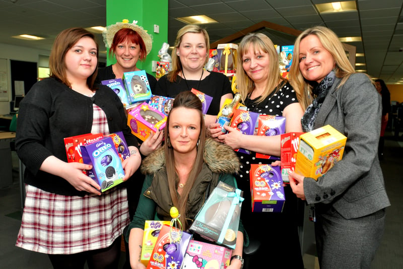 Back to 2014 when Toni Siggins (seated centre) of the charity Wearside Women in Need was given Easter Eggs collected by the staff at EDF Energy, Doxford International.