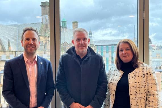 Councillor Ben Miskell, Queensberry project director Andrew Davison and Valerie Donaldson, general manager of the new Radisson Blu Hotel  in Sheffield.