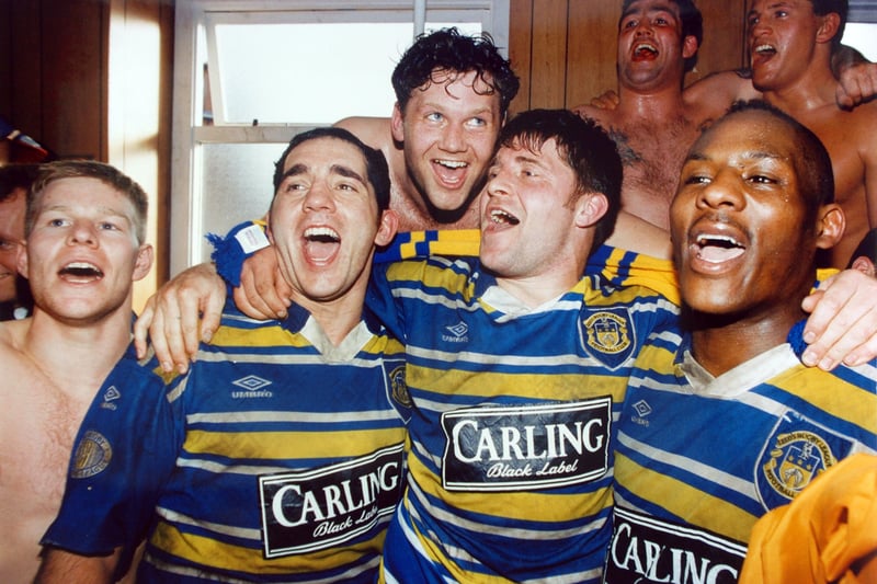 Leeds RL celebrate their Challenge Cup semi-final win against St Helens at Wigan in March 1994. Pictured, from left, are Jason Donohue, Richie Eyres, Neil Harmon, Alan Tait, Gary Rose, Ellery Hanley and Gary Mercer.