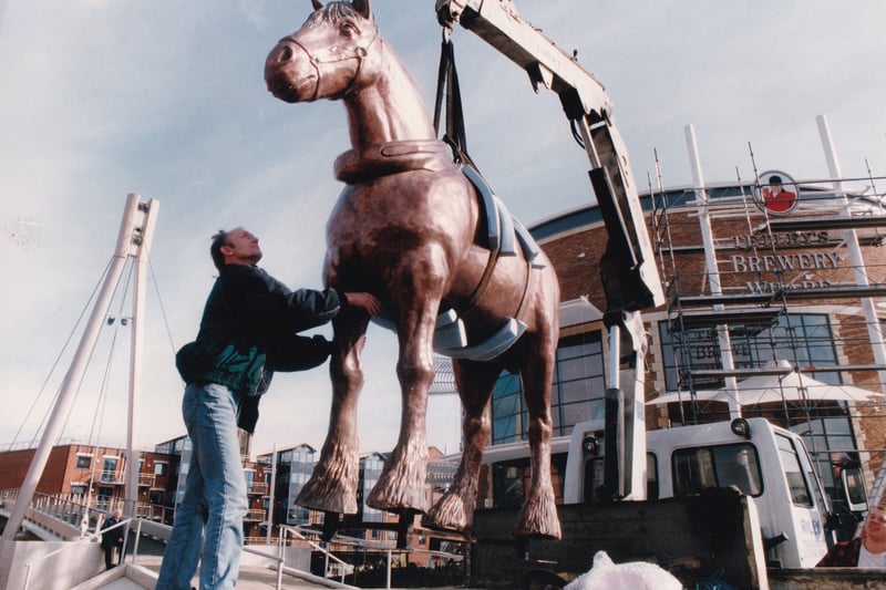 This new equine attraction was set to pull in the sightseers to the Leeds waterfront in March 1994. An 8ft tall copper statue of a shire horse was lowered into place outside the new Tetley's Brewery Wharf visitor centre.