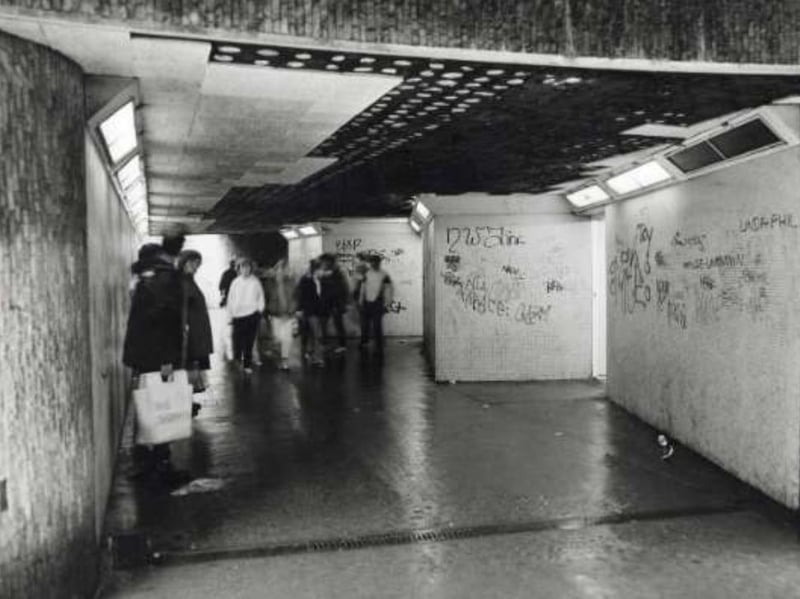 An unidentified subway somwhere in Sheffield, pictured during the 1980s or 90s, with graffiti on the walls