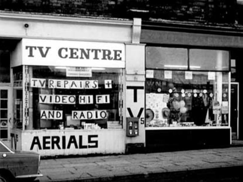 A TV repair centre on an unknown street, somewhere in Sheffield, photographed some time between 1980 and 1999