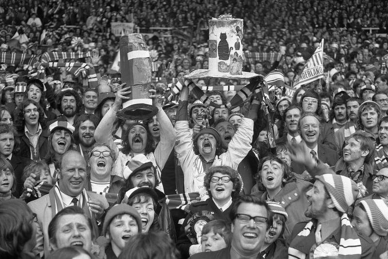 That's some fancy headwear shown off by these two Sunderland fans at Wembley in 1973.