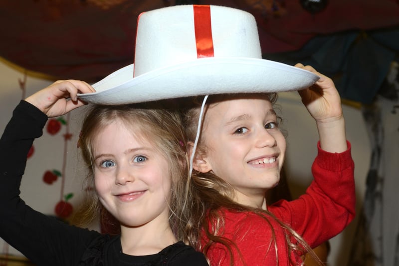 Town End Farm Academy held an indoor Royal garden party in 2014. 
Sophie Hardy and Brooke Kincade, right, shared this giant hat for the day.