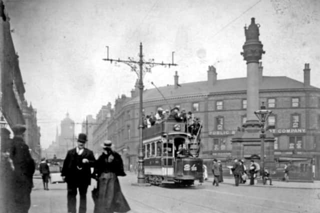 Moorhead, Sheffield city centre, during the 1890s, including Tram 24, the Crimean Monument and Public Benefit Boot Company