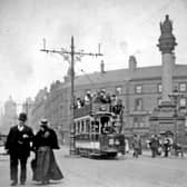 Moorhead, Sheffield city centre, during the 1890s, including Tram 24, the Crimean Monument and Public Benefit Boot Company