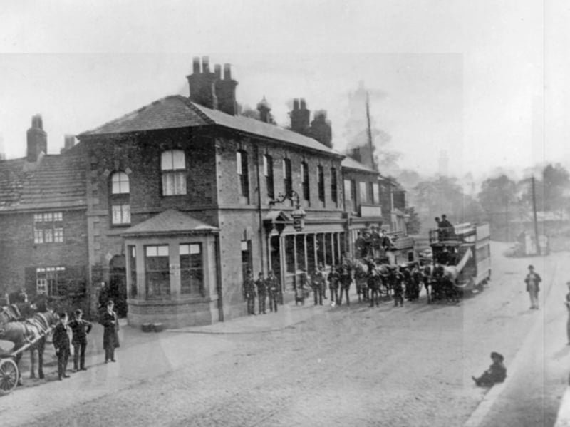 Trams outside The Red Lion pub, on London Road, at the junction with Thirlwell Road, Heeley, some time between 1851 and 1899. It was the terminus for the horse-drawn bus and horse-drawn tram service to Heeley, with the tram sheds situated just around the corner on Albert Road.