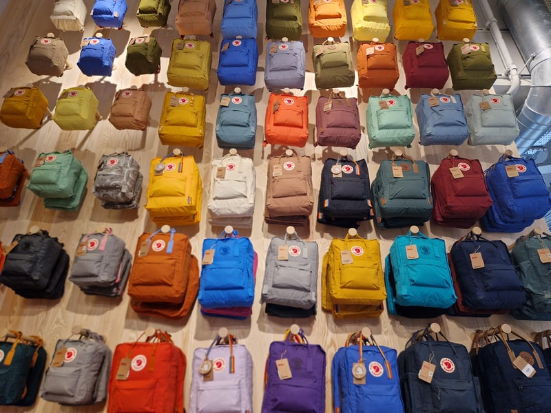 The  towering display of famous Kånken backpacks at Fjällräven on Charles Street in Sheffield city centre