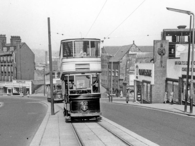 Tram number 42 on Angel Street, with the Brightside and Carbrook Co-Op (Castle House No. 1) on the right, in 1955