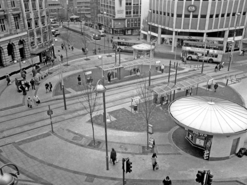 Castle Square Supertram stop in March 1996, with C&A in the top right corner