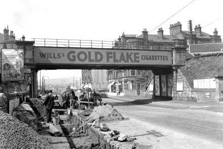 A busy morning at the old railway bridge at 1551 Great Western Road in Anniesland in August 1936. Anyone else fancy a Wills's Gold Flake cigarette all of a sudden?