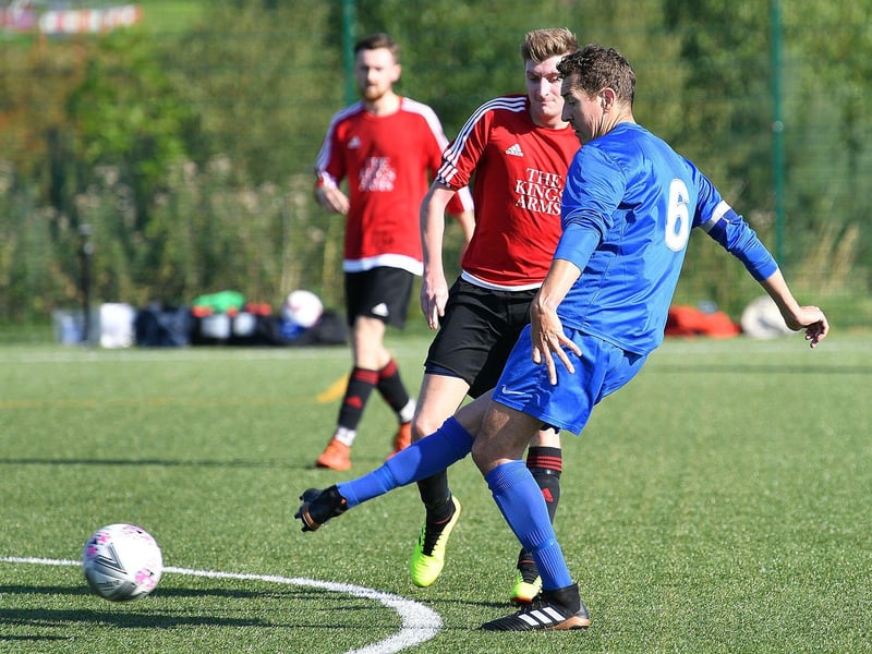 The Kings Arms FC team in red during their 2018 Sunderland Sunday League game against Myers FC.