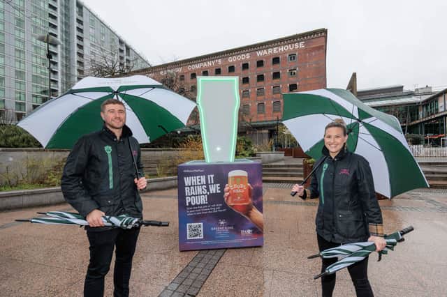 Greene King's rain drop collector was officially set off at 8am today in Manchester, triggering the "It Rains, We Pour" campaign.