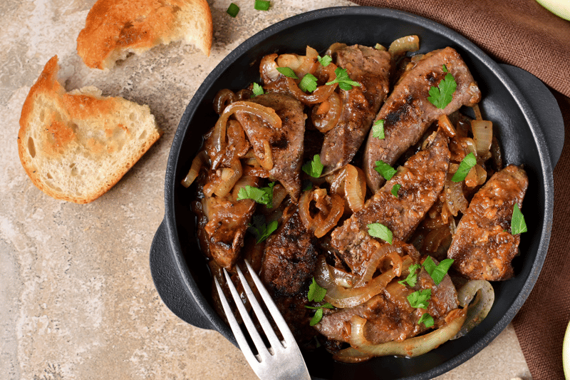 Liver and onions is a pretty straight forward dish, often made with fried lamb livers and sliced onion. It is commonly served with bread or potatoes, and many children in Liverpool had it in the in the 70s and 80s.