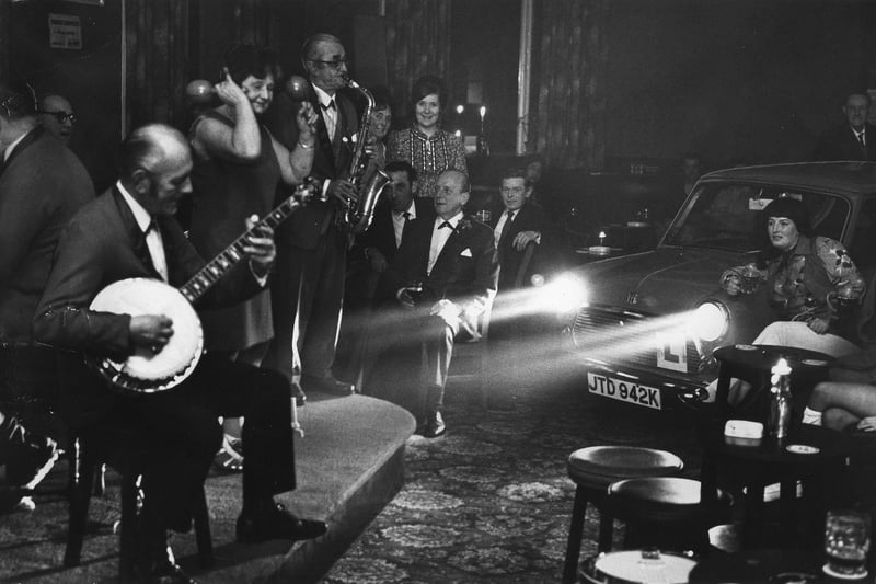 Power cuts in 1972 were the result of the miners strike. Les and his Honky Tonks perform at the Royal Oak Hotel, South Shore. The headlights of a mini belonging to one of the regulars provided emergency lighting during the blackout in the pub