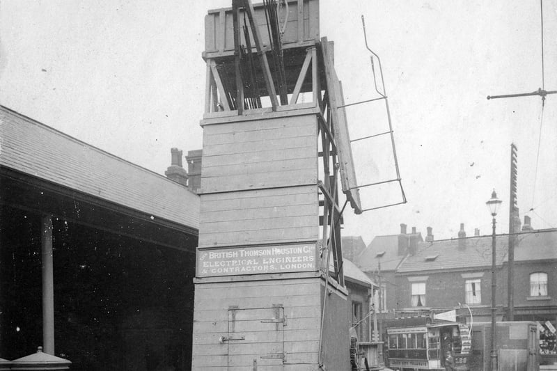 A Leeds City Tramway's Overhead Wire Trolley outside the Kirkstall Road Tram Depot in July 1899. Also known as a tower wagon or derrick, it was used to carry out repairs to overhead wiring.