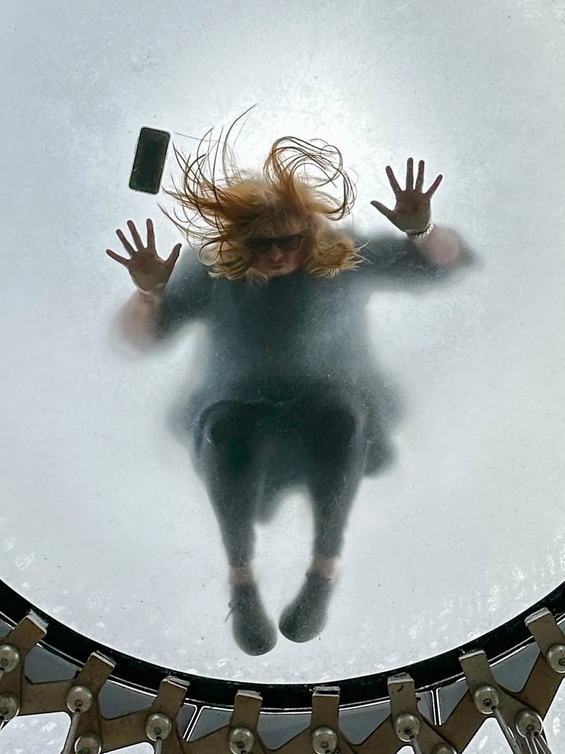 Photographer: "My friend Valerie facing downwards on the glass floor of The Hive in Royal Botanic Gardens at Kew. I was stood underneath looking up with my phone. She is surrounded by the aluminium mesh frame which recreates life inside a beehive. She wanted to include her mobile in the shot so she lay that down beside her."