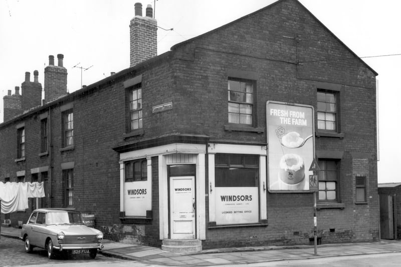  Abercorn Terrace is on the left at the corner with Armley Road is a licensed betting office, one of many in Leeds which belonged to Jim Windsor. This was number 122 Armley Road. A poster advertises eggs 'Fresh From the Farm'. Piutured in April 1964.