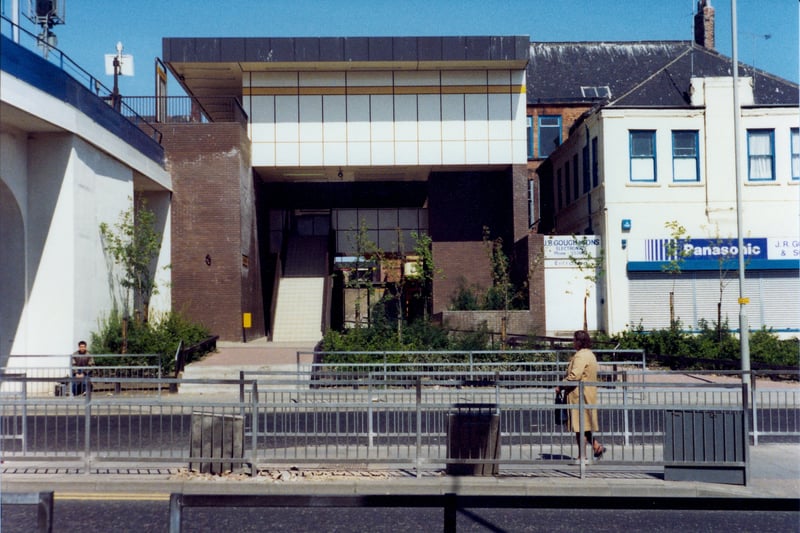 The entrance to the former South Shields Metro Station in May 1984. It was demolished as part of the regeneration work to build the new interchange, with Station Approach now providing a pathway through to King Street from the interchange. The Panasonic shop to the right of the station entrance is now the popular fish and chip shop, Frydays.