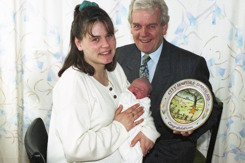 Sasha Hunnan was the first baby to be born into the care of City Hospitals Sunderland NHS Trust.
Here she is with mum Linda  and City Hospitals Sunderland chairman David Graham.