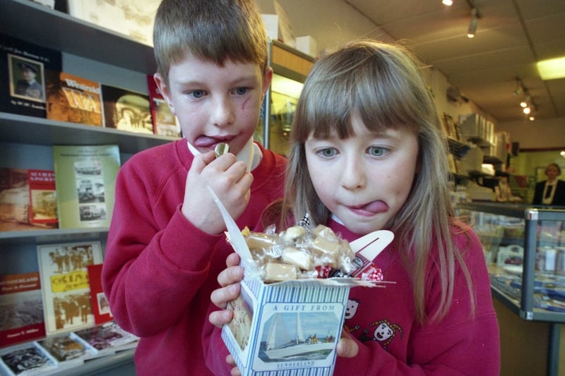 Eight-year-olds Andrew Chorley and Hannah Watson put the latest Sunderland souvenir to taste.
This gift box with a Wearside theme was filled with sweets in November 1994.
