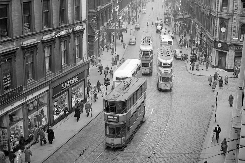 Trams in Union Street at the junction of Renfield Street and Gordon Street. The final tram completed it’s journey in Glasgow in September 1962.