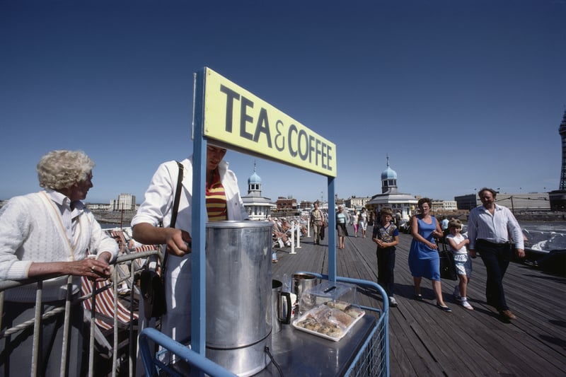 Tea and coffee on sale tempts holidaymakers on the pier in the seaside resort of Blackpool, Lancashire, August 1983