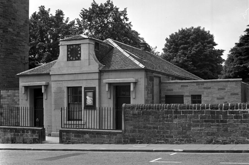 Exterior of the old Morningside primary school in Edinburgh, July 1979. The clock shows the date 1823.