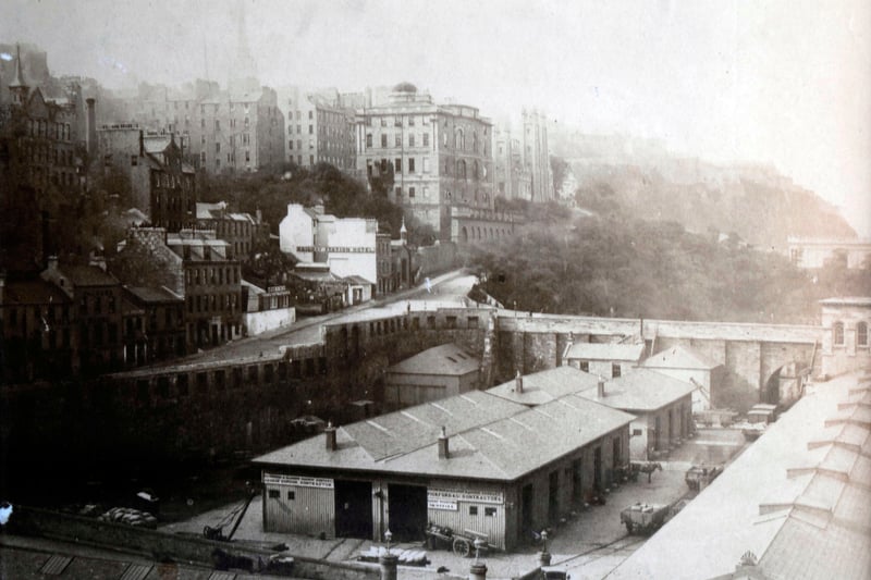 The site of Waverley Station, pictured in 1850 before it was built, with no Cockburn Street yet built at the time, although the Doric pub which still stands today visible next to a small white building.