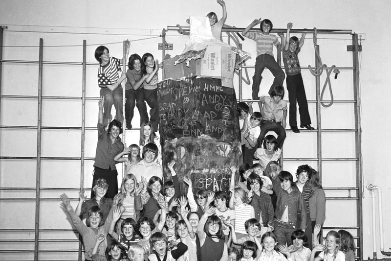 Children from the Drylaw playscheme built a 20ft space rocket in the gym at Groathill primary school Edinburgh in July 1976.