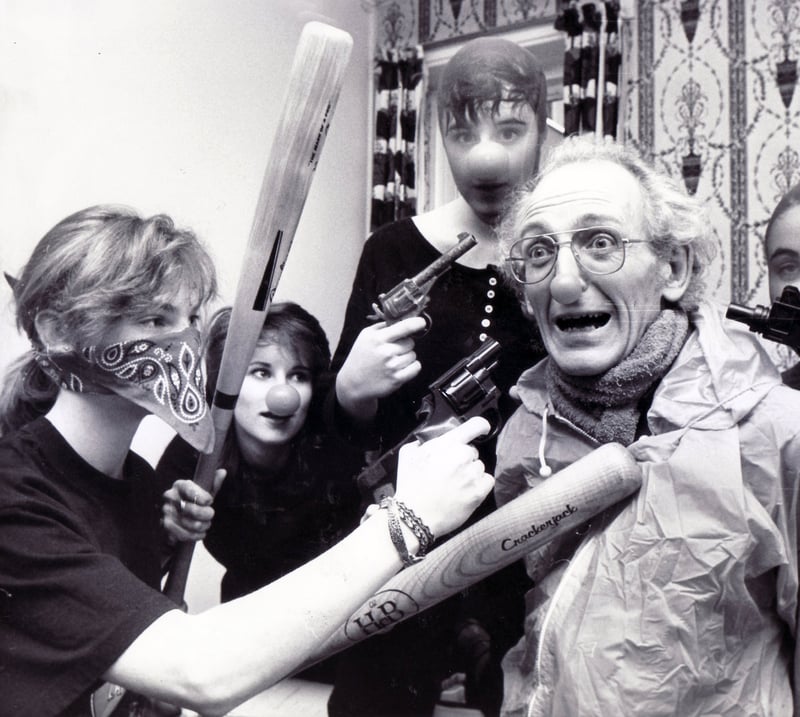 Pupils kidnap headteacher Frank Abel and shoot him with water pistols at King Ecgbert School, Sheffield, for Comic Relief in March 1989